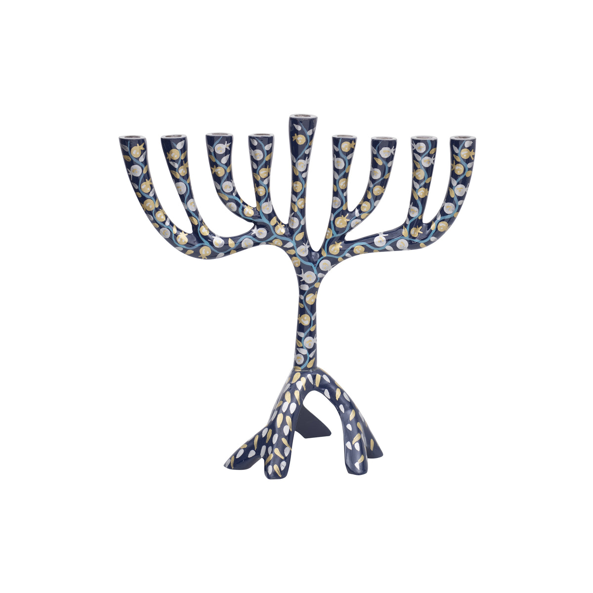 Medium Painted Menorah 9.2" (Blue Pomegranates)