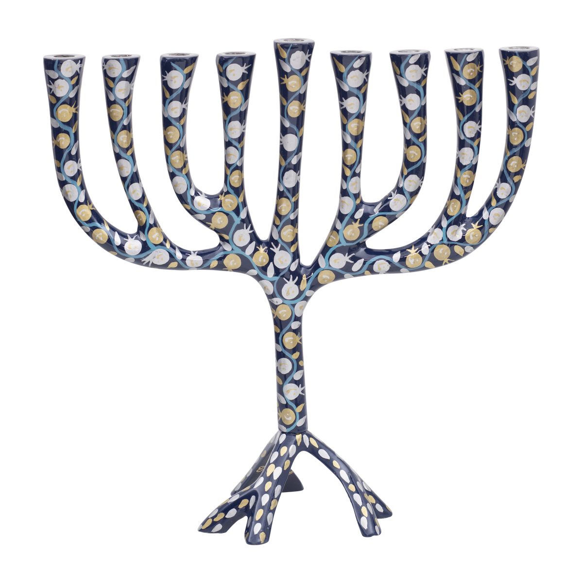 Extra Large Painted Menorah 12.8" (Blue Pomegranates)
