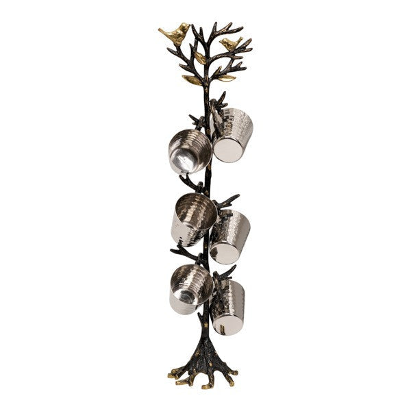 Emanuel Set of 6 Hammered Liquor Cups on Tree of Life Branch Stand