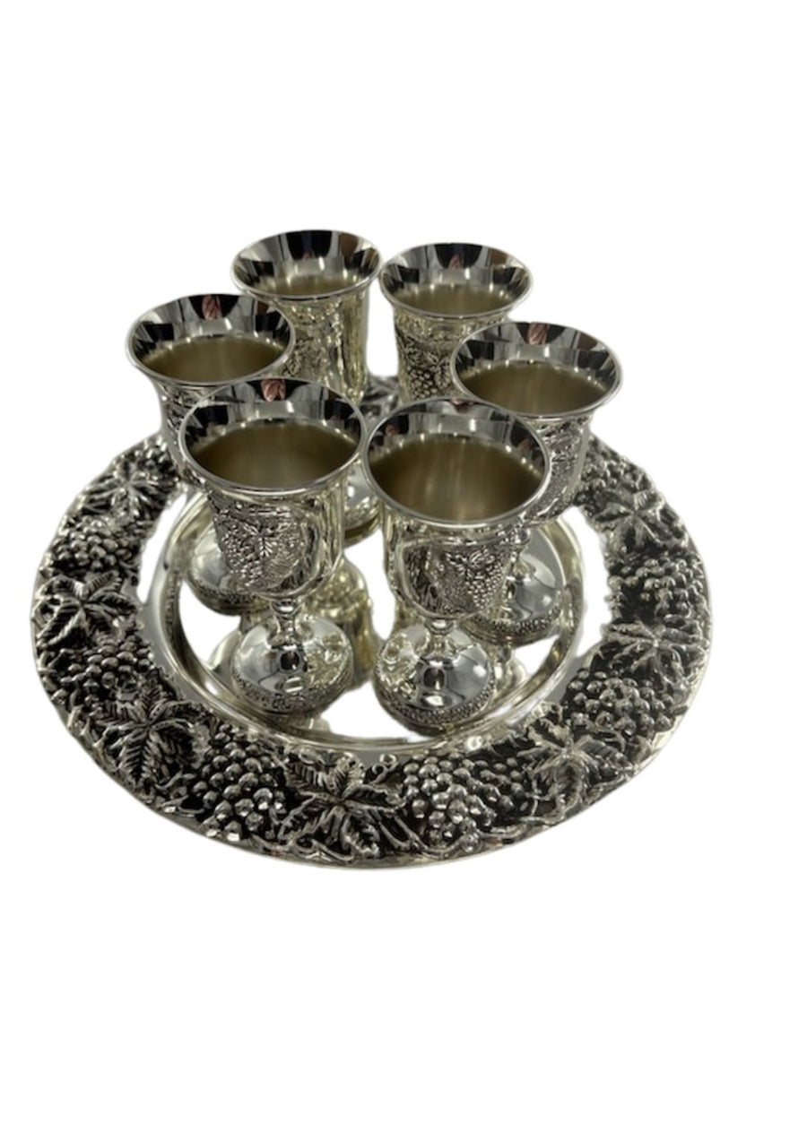 Silverplate Kiddush Set With Plate-6 Cups-Grape Design