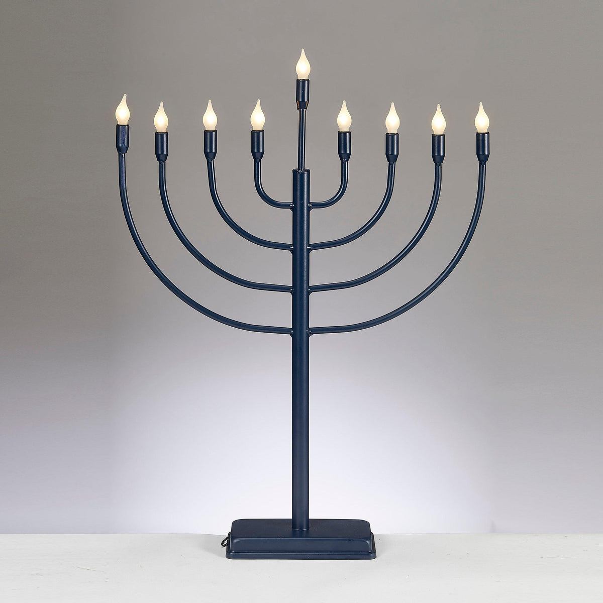 LED MENORAH, LARGE METAL, TRADITIONAL, NAVY, 24"H, COLOR BOX