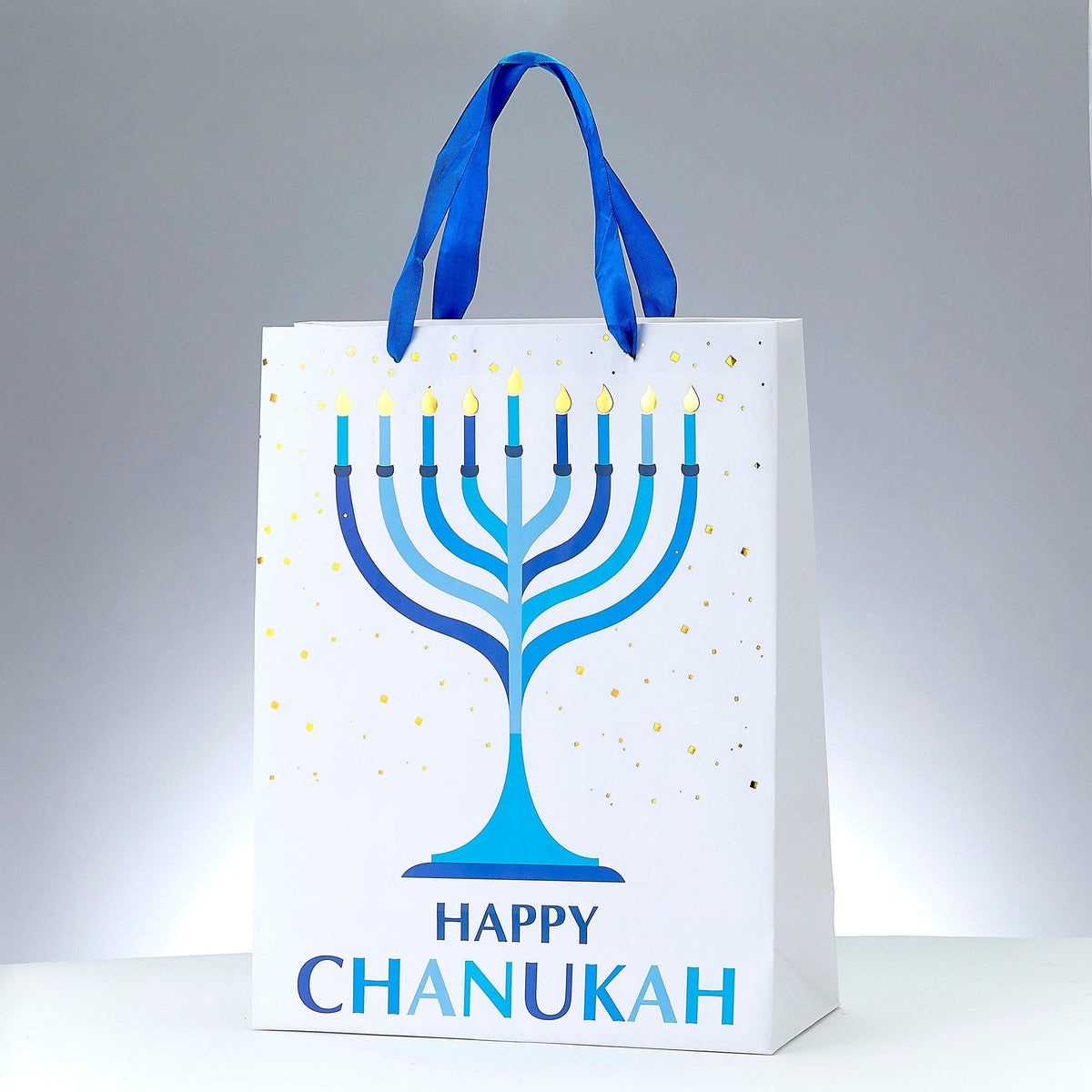 CHANUKAH GIFT BAG, BLUE/GOLD, FOIL ACCENTS, 13", TAG