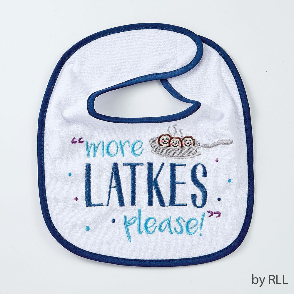 CHANUKAH BIB, "MORE LATKES PLEASE", COTT/POLY,9"x11", CARD