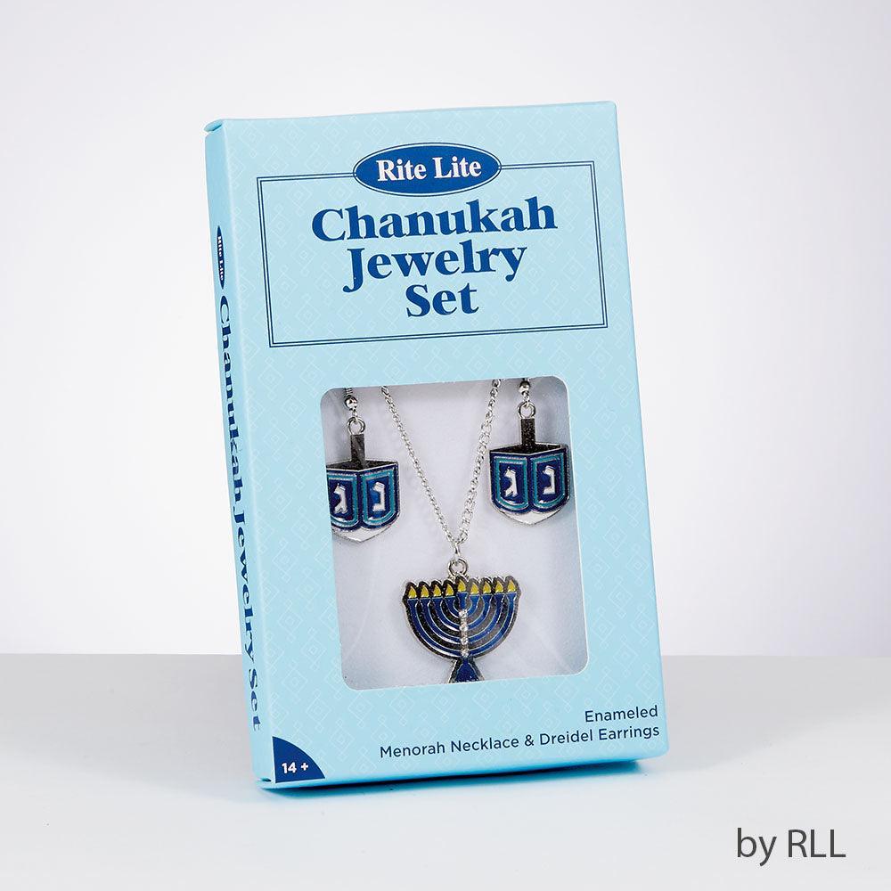 CHANUKAH JEWELRY SET,DREIDEL EARRINGS&MENORAH NECKLACE,5" GIFTBOX