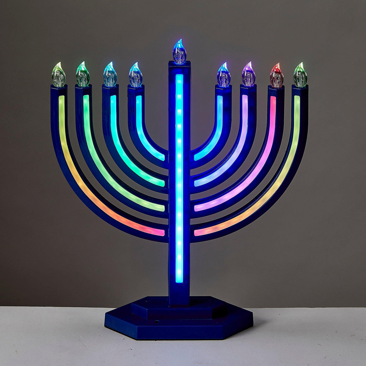 LED MENORAH W/ COLORCHANGING LIGHTS,ABS,MATTE NAVY,13x11",COLORBX