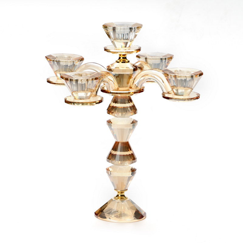 5 Branch Crystal Candelabra-Amber Color- 9.5"