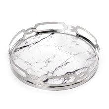 White/Gray Marble Matzah Tray-Stainless Steel Round