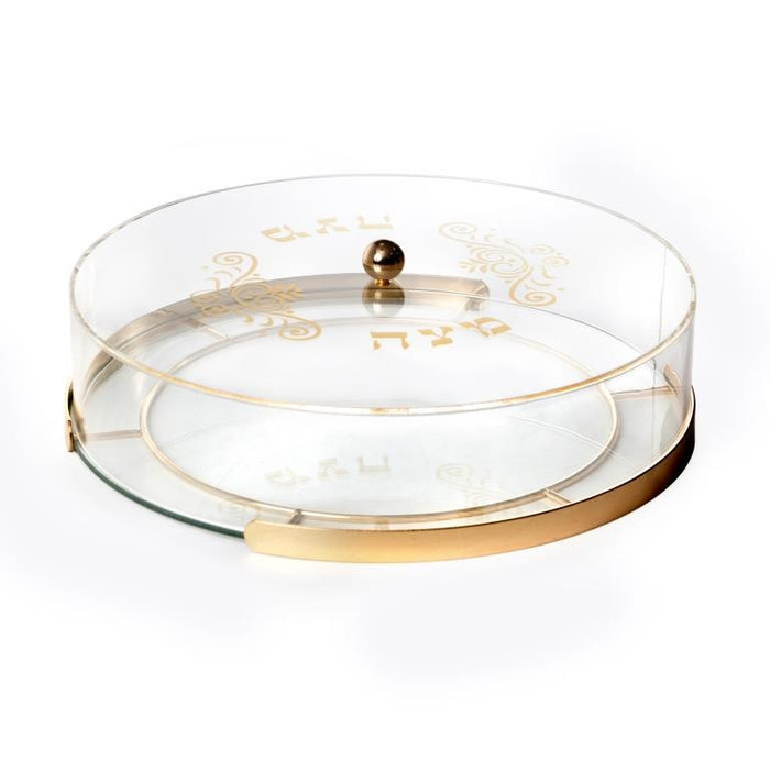 Glass Round Matzah Box-Acrylic Lid-Gold Frame 14"x4.5"