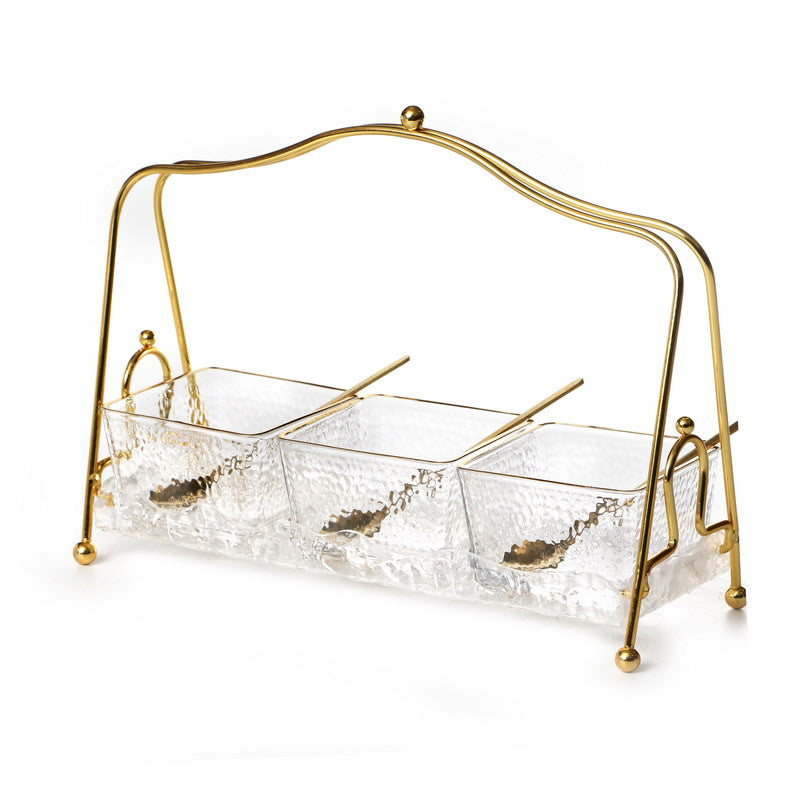 Square Dip Bowl Set-3 Frosted Glasses on Stand W/ Spoons