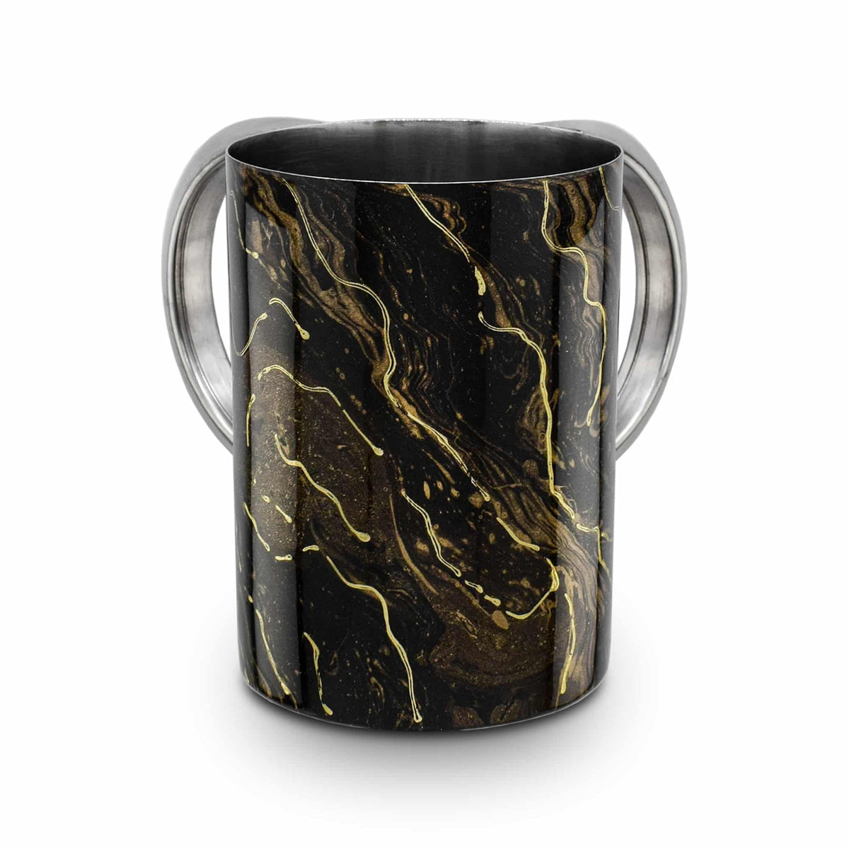 Stainless Steel Washcup-Black With Gold Marble Design Silver Handles