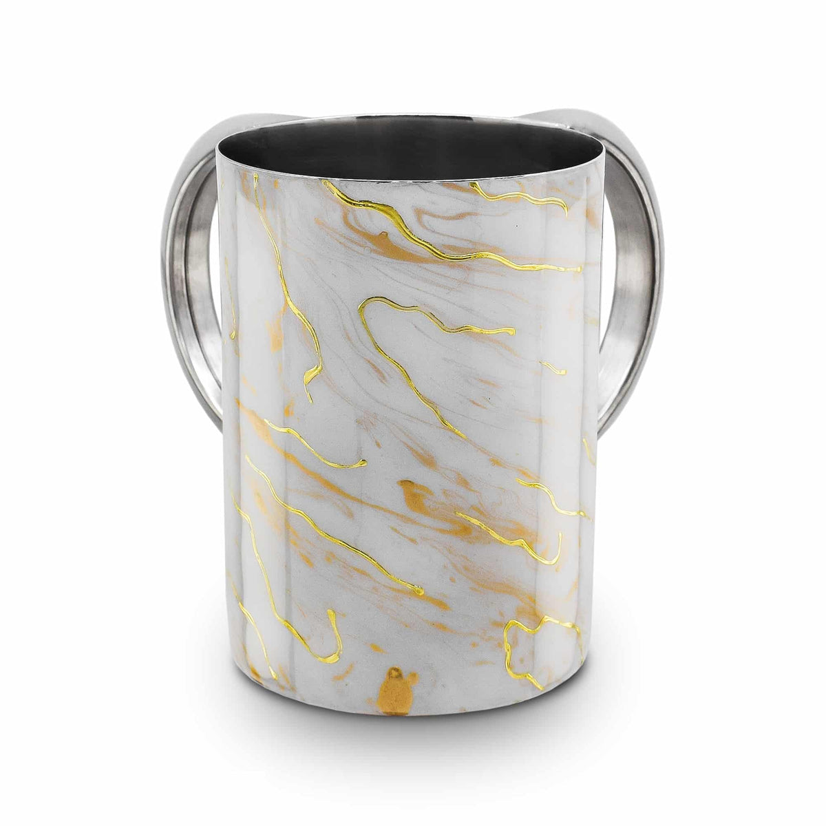 Stainless Steel Washcup-White With Gold Marble Design Silver Handles