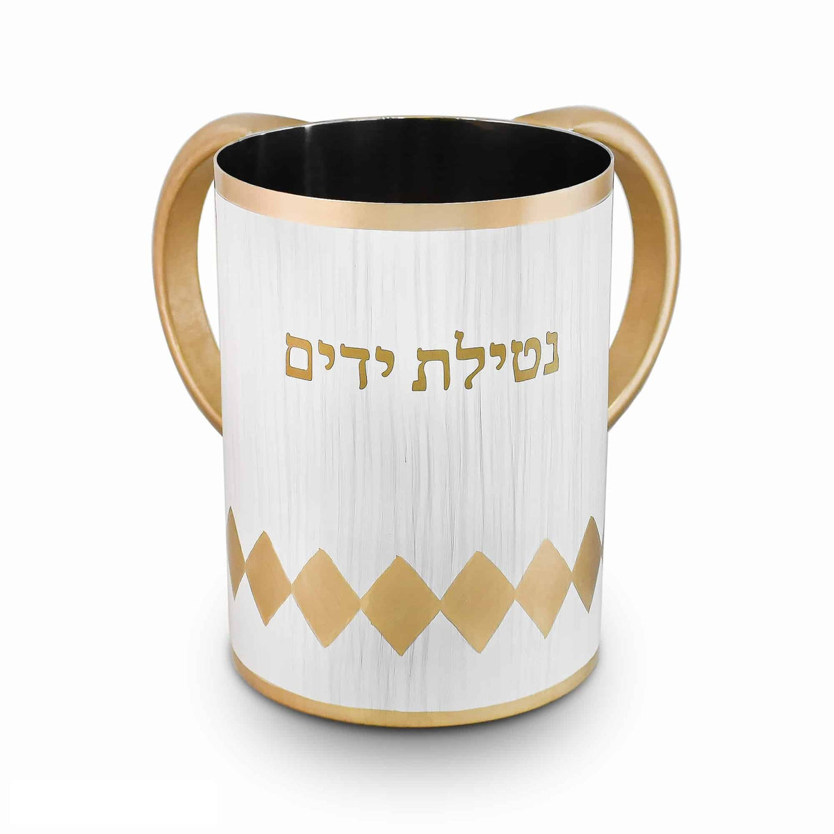 Stainless Steel Washcup-White With Gold Handles and Design
