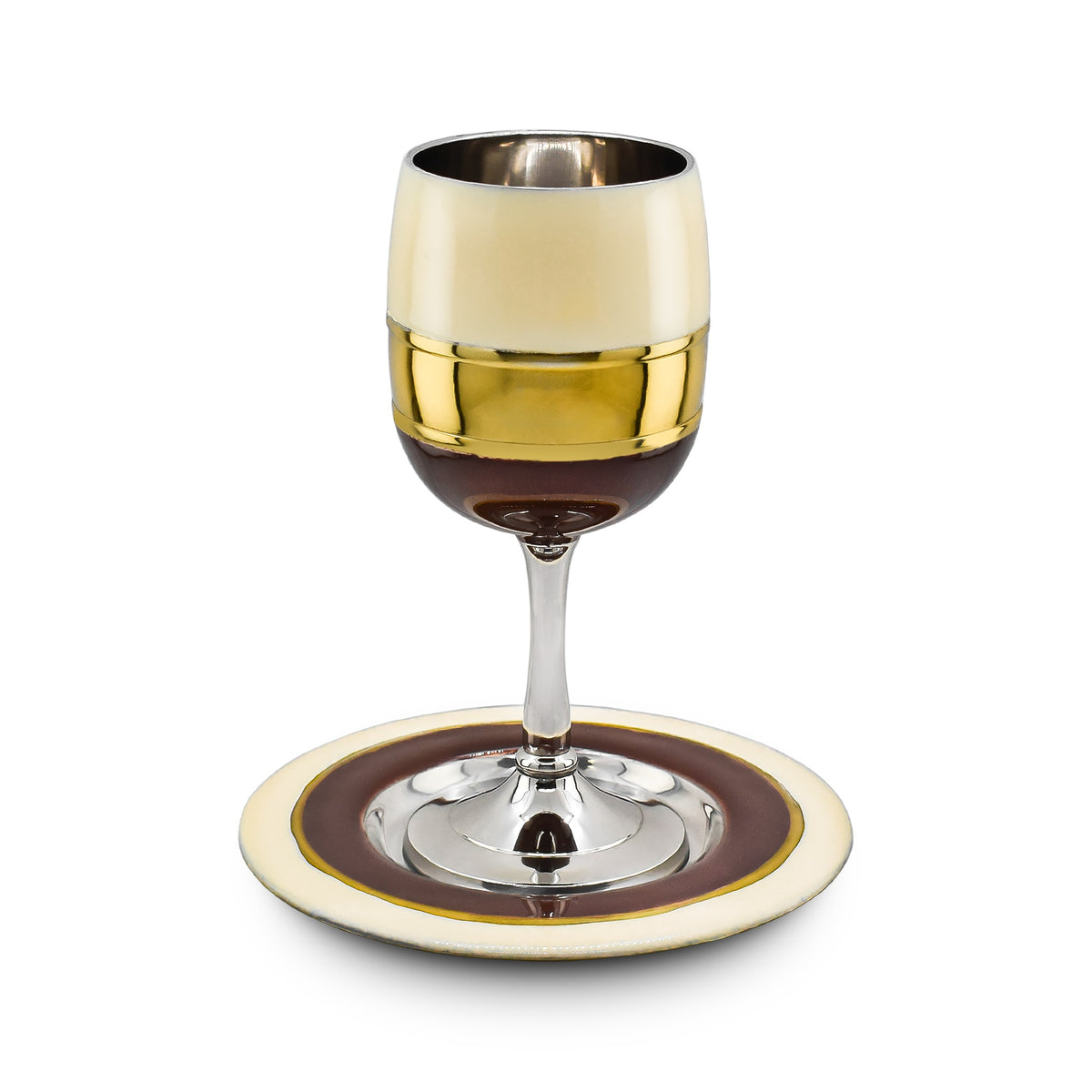 Cream Enamel Kiddush Cup w/ Plate-Gold And Brown Design