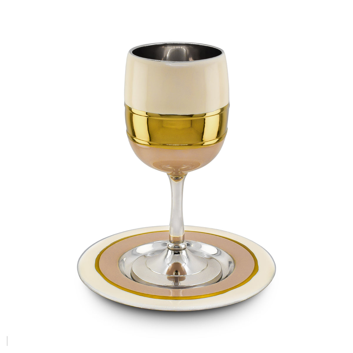 Cream Enamel Kiddush Cup w/ Plate-Gold And Blush Design