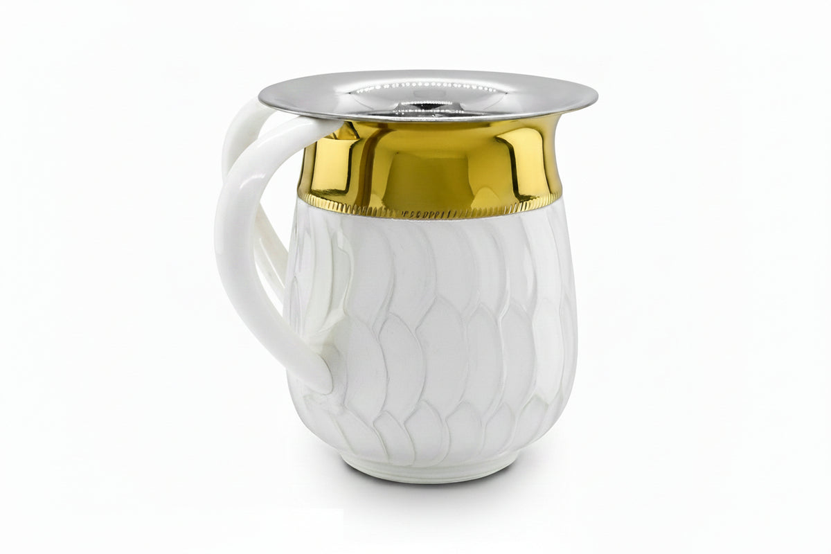 Stainless Steel Washcup- White Petals Design Base w/ Hammered Gold Top