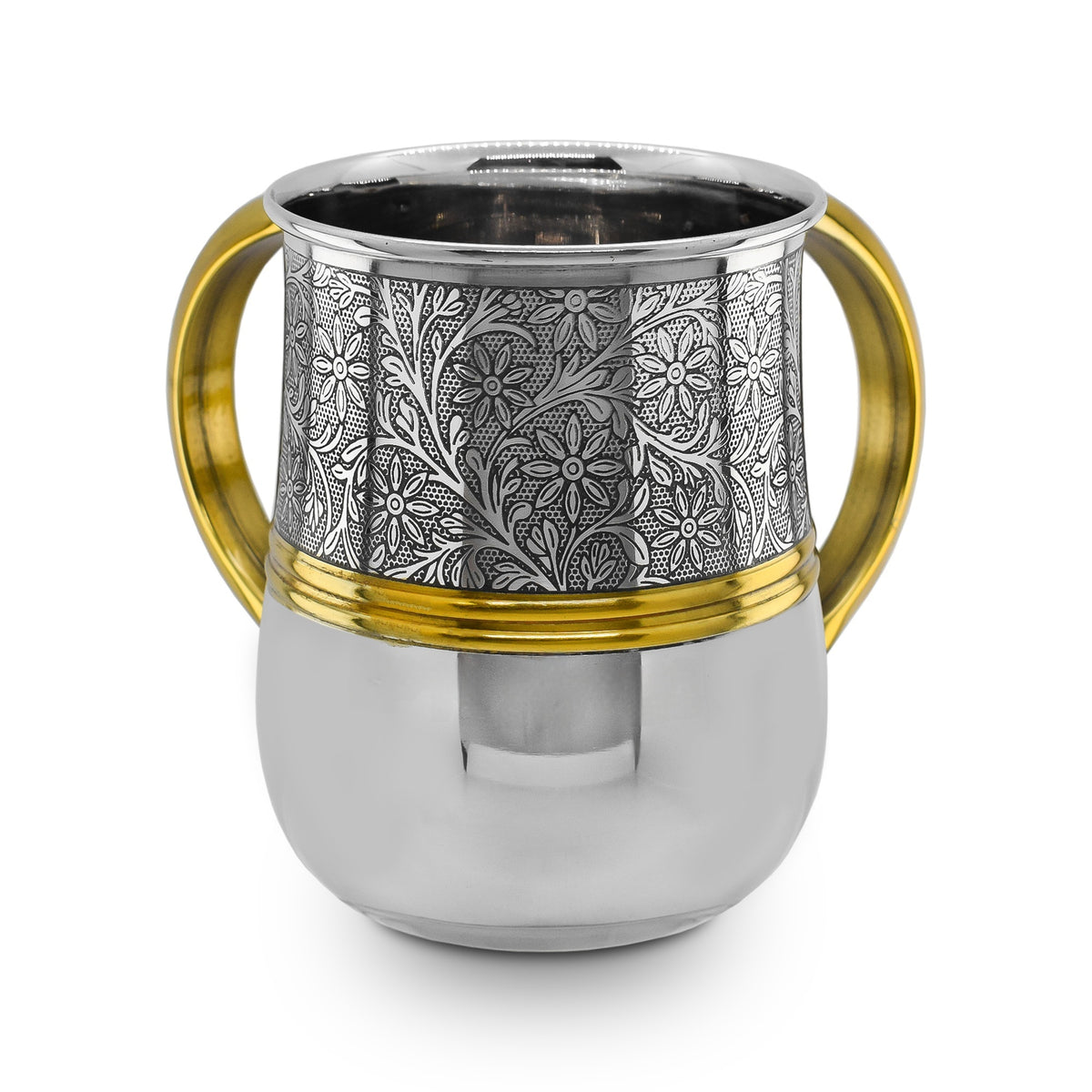 Stainless Steel Washcup- Silver & Floral Etch Design with Gold Handles