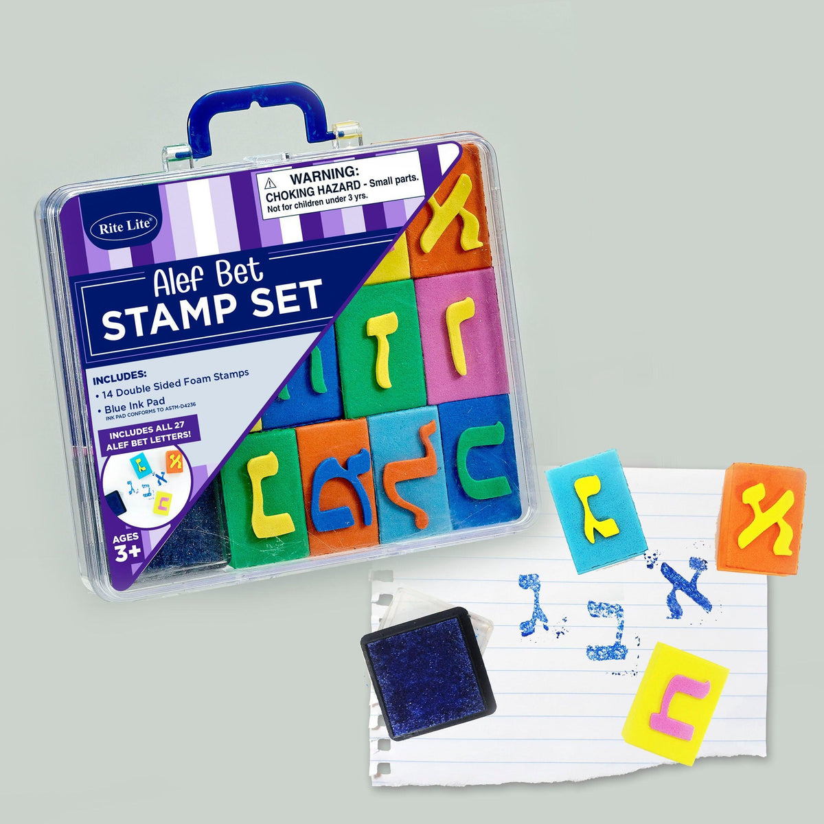 ALEF-BET STAMP SET, EVA, BLUE INK PAD, 4.5x5.5",14/CARRYING CASE