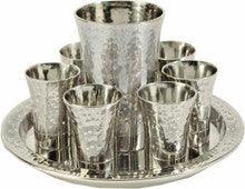 Nickel Kiddush Set - Cup + 6 Cups + Tray - Hammer work Silver