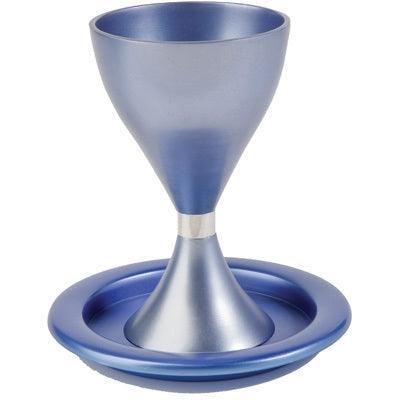 Anodized Aluminum Kiddush Cup and Plate Blue and Silver (EM-CM6)