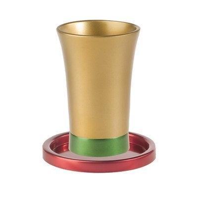 Anodized Aluminum Kiddush Cup and Saucer Silver Gold/Green/Red (EM-GM3)