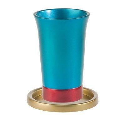 Anodized Aluminum Kiddush Cup and Saucer Turquoise/Red/Gold  (EM-GM4)