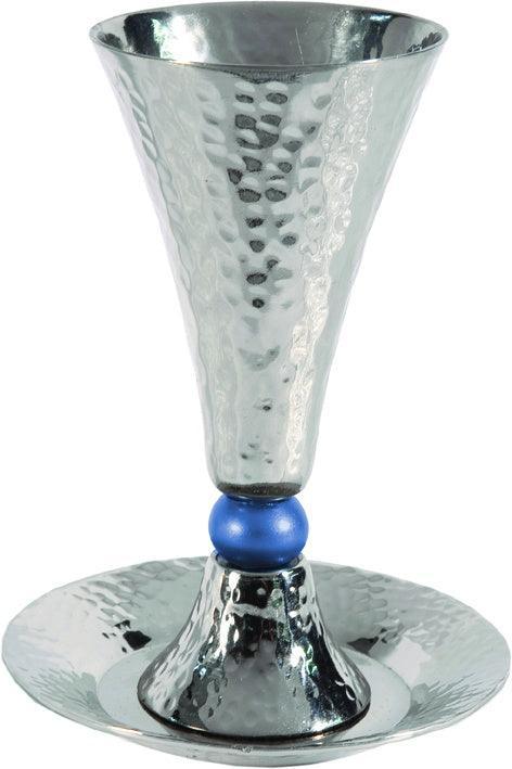Anodized Aluminum Kiddush Cup & Tray Hammered Cone Shape Silver / Blue (EM-CUC2)