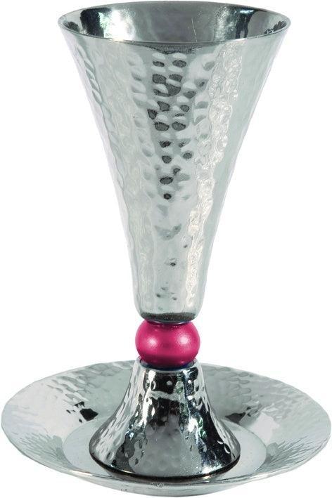 Anodized Aluminum Kiddush Cup & Tray Hammered Cone Shape- Silver / Red (EM-CUC3)