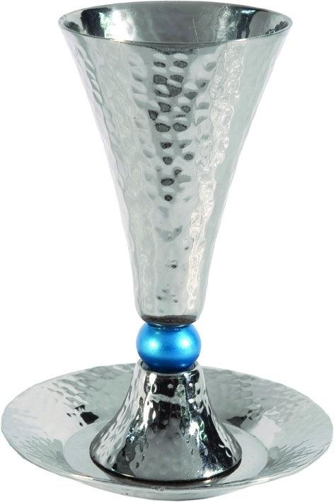 Anodized Aluminum Kiddush Cup &amp; Tray Hammered Cone Shape Silver / Turquoise (EM-CUC4)