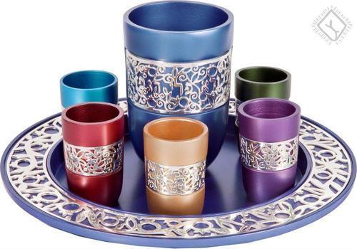 Anodized Aluminum Kiddush Set and Tray with Silver Lace- Multicolor (EM-GSB2)