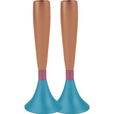 Anodized Aluminum Shabbat Candlesticks Large  Orange / Turquoise (EM-CMM7)
