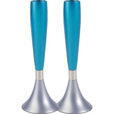 Anodized Aluminum Shabbat Candlesticks Large Turquoise/ Silver (EM-CMM6)
