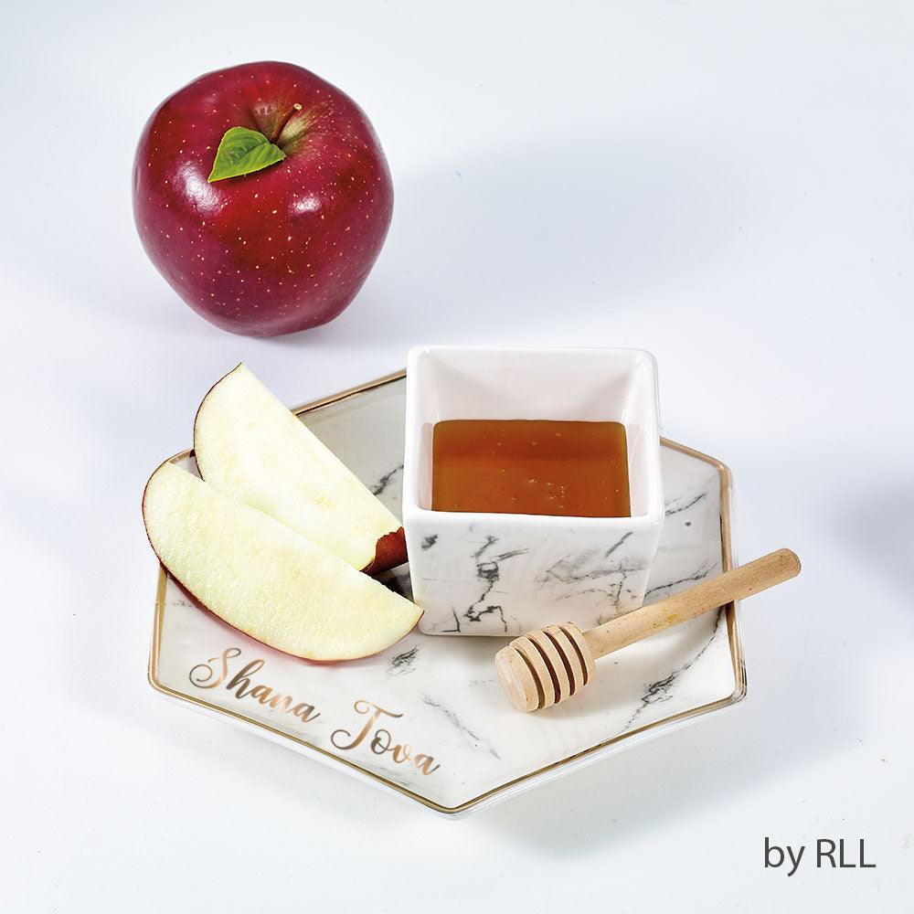 APPLE&HONEY DISH,PORCLN,HEXAGON PLATE&HONEY DIPPER,6.75"x6" CLRBX
