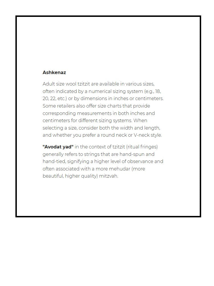 Ashkenaz Wool Tzitzit Black on white. Round Strings:.Avodat Yad  100% Wool  [Adult]