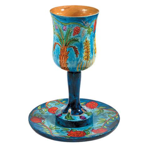 Blue 7 Species Large Wooden Kiddush Cup and Saucer (EM-CUL3)