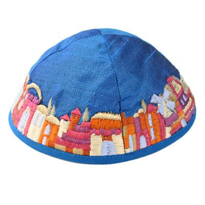 Blue and Colorful Jerusalem Embroidered Kippah