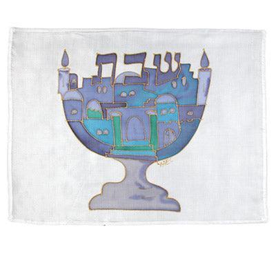 Blue Menorah Silk Painted Challa Cover
