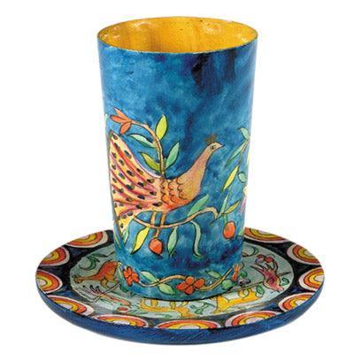 Blue Oriental Wooden Kiddush Cup and Plate