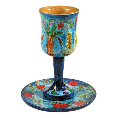 Blue Seven Species Wooden Kiddush Cup and Plate Set (EM-CU3)