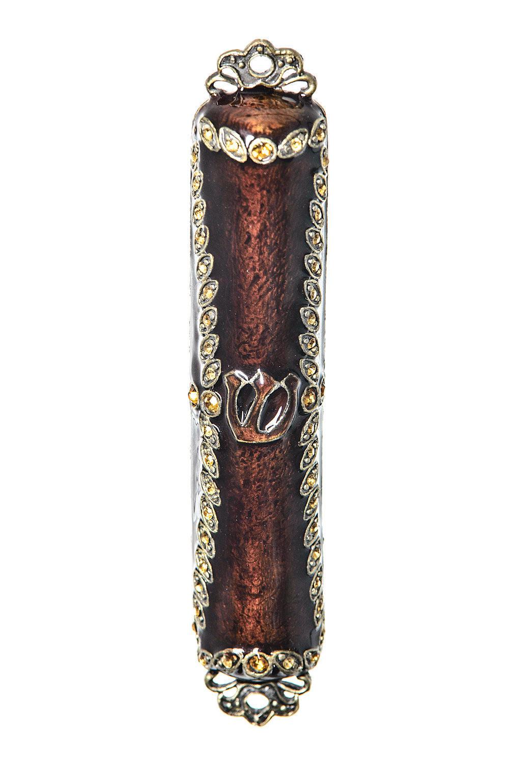 BROWN MEZUZAH CASE WITH AMBER STONES