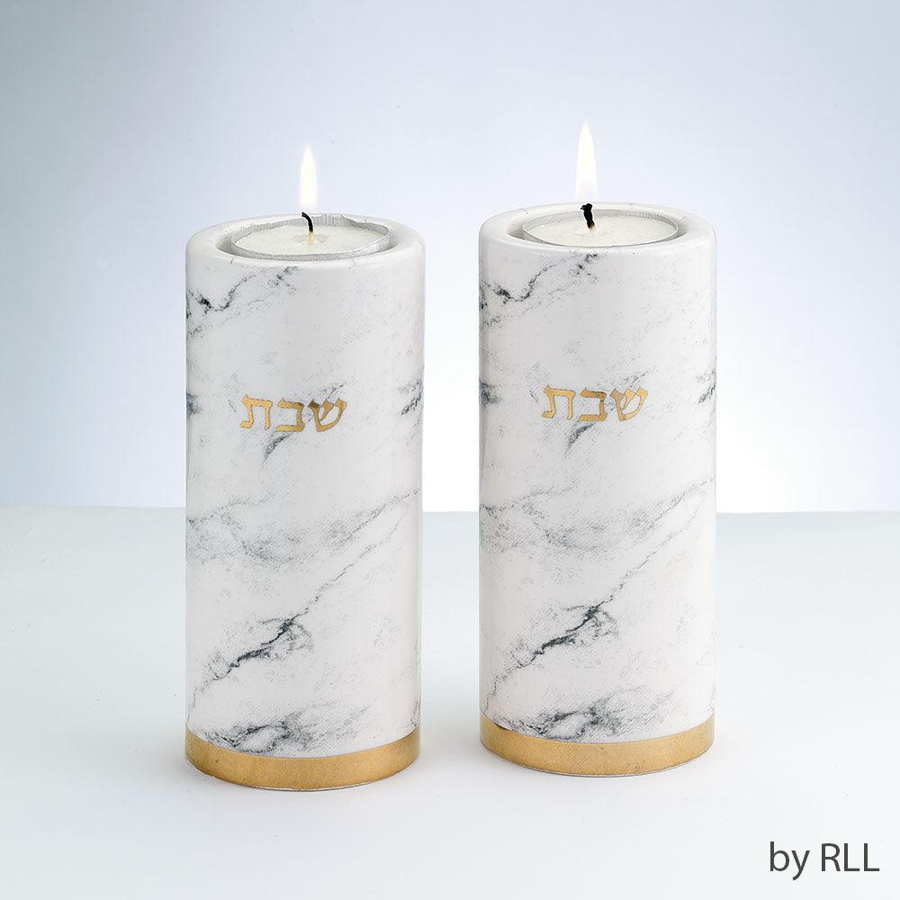 CANDLESTICK SET, "MARBLE", CERAMIC, GOLD ACCENTS , 5"H, COLOR BOX
