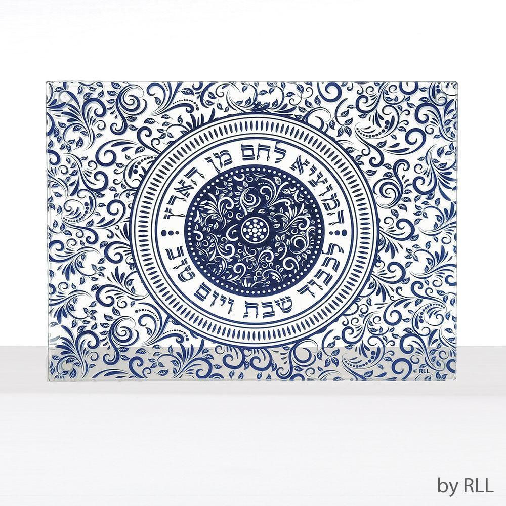 CHALLAH BOARD, "BLUE DAMASK", TEMPERED GLASS,13"X10", COLOR BOX