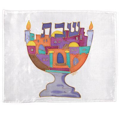 Colorful Menorah Silk Painted Challa Cover