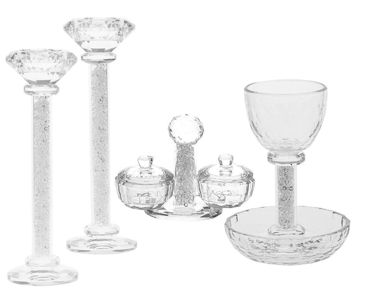 CRYSTAL CANDLE STICK, KIDDUSH CUP AND SALT & PEPPER SET