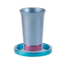 Anodized Aluminum Kiddush Cup and Saucer Blue / Maroon