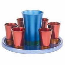 Anodized Aluminum Kiddush Set with Tray Maroon/ Blue