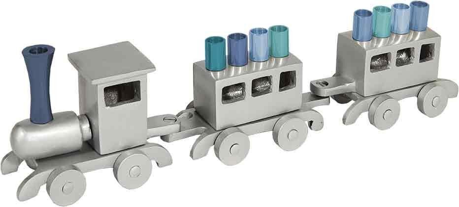 Emanuel Anodized Chanukah Menorah, Train-- Silver with Blues (EM-HMY3)