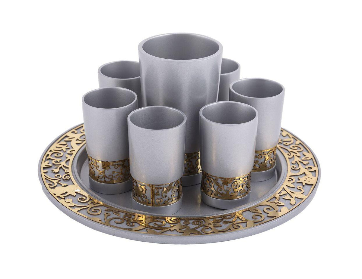 Emanuel Anodized Kiddush Set w/ Metal Cutout-- Silver (EM-GSD1)