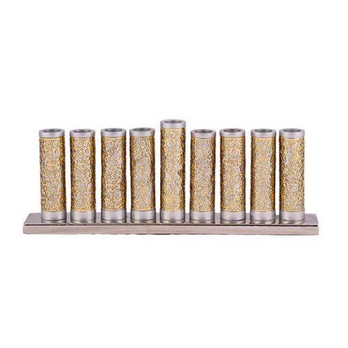 Emanuel Cylinder Menorah w/ Metal Cutout--Brass & Silver (EM-HAA3)