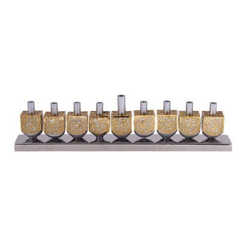 Emanuel Dreidel Menorah w/ Metal Cutout--Silver & Brass (EM-HF1)