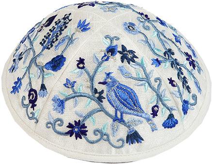 Emanuel Embroidered Kippah Bird-Flowers Blue (EM-YME12B)